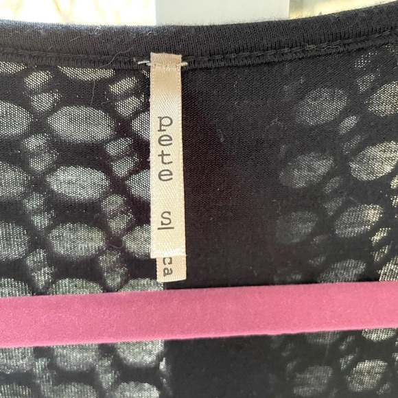 Pete S Black crocheted mini dress w/drawstring waist, bell sleeves, scoop neck. - Picture 2 of 8